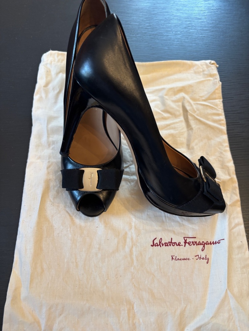 Salvatore Ferragamo Black Peep-Toe Pumps with Vara Bow and Gold Plate